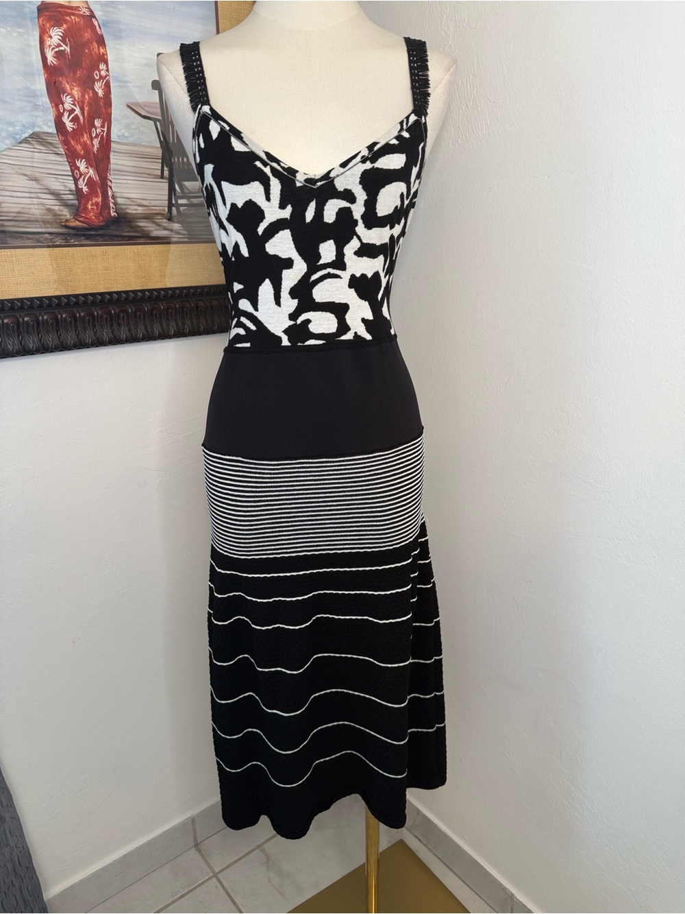 Marc Cain Black & White Knit Dress Size US 10 Abstract Print Striped Designer